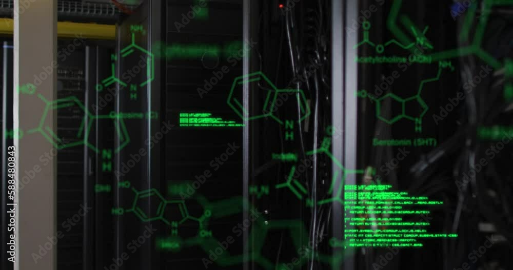 Poster animation of computer language and molecule structures against server room
