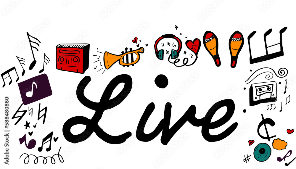 Poster live text surrounded by various colorful vector icons