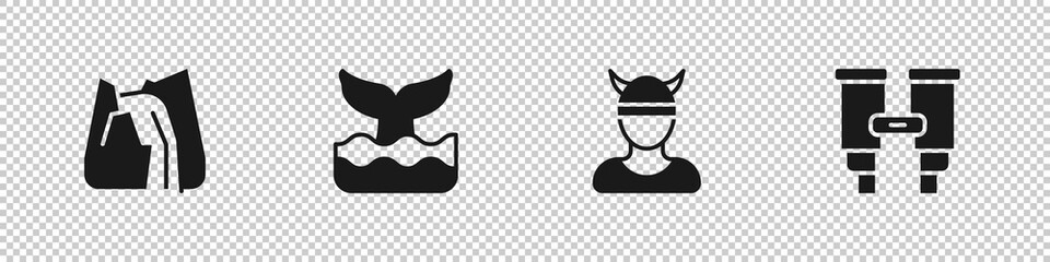 Set Waterfall, Whale tail, Viking head and Binoculars icon. Vector