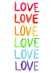 Watercolor colorful lettering in rainbow lgbt colors. Word love in various colors isolated on a white background.