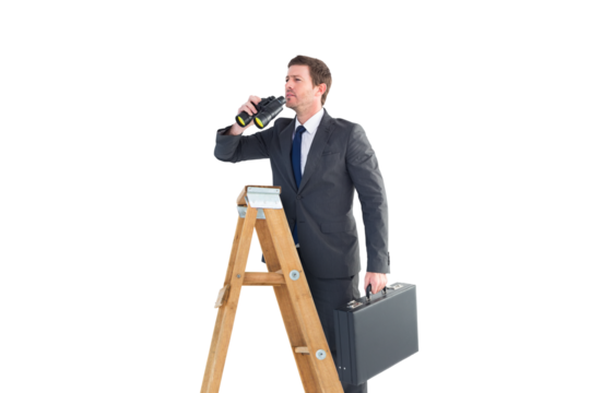 Businessman looking on a ladder - Powered by Adobe