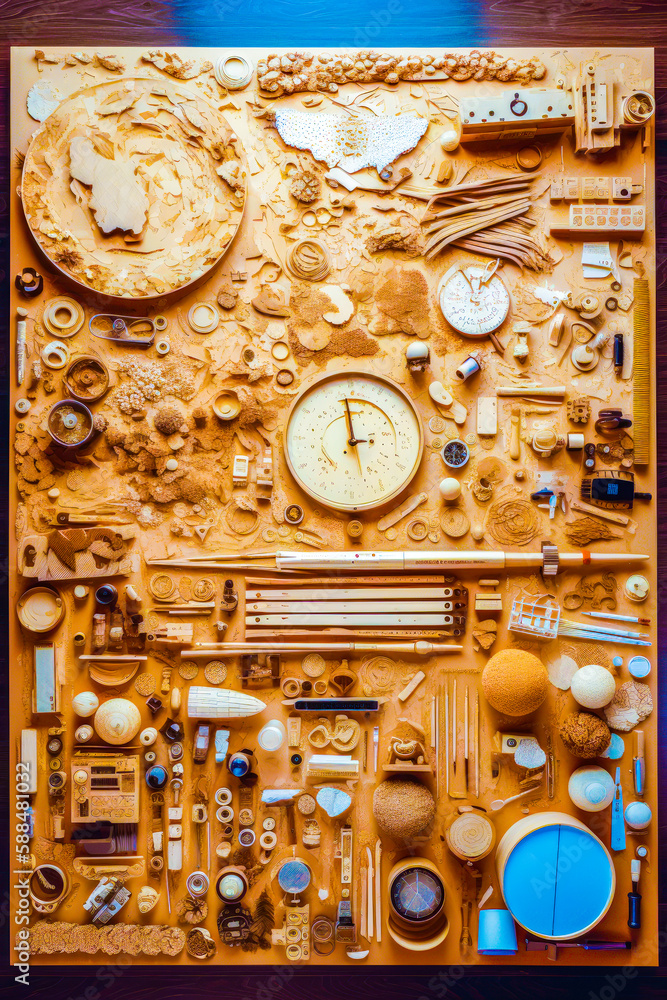 Poster picture of bunch of different things on wall with clock on it. generative ai.