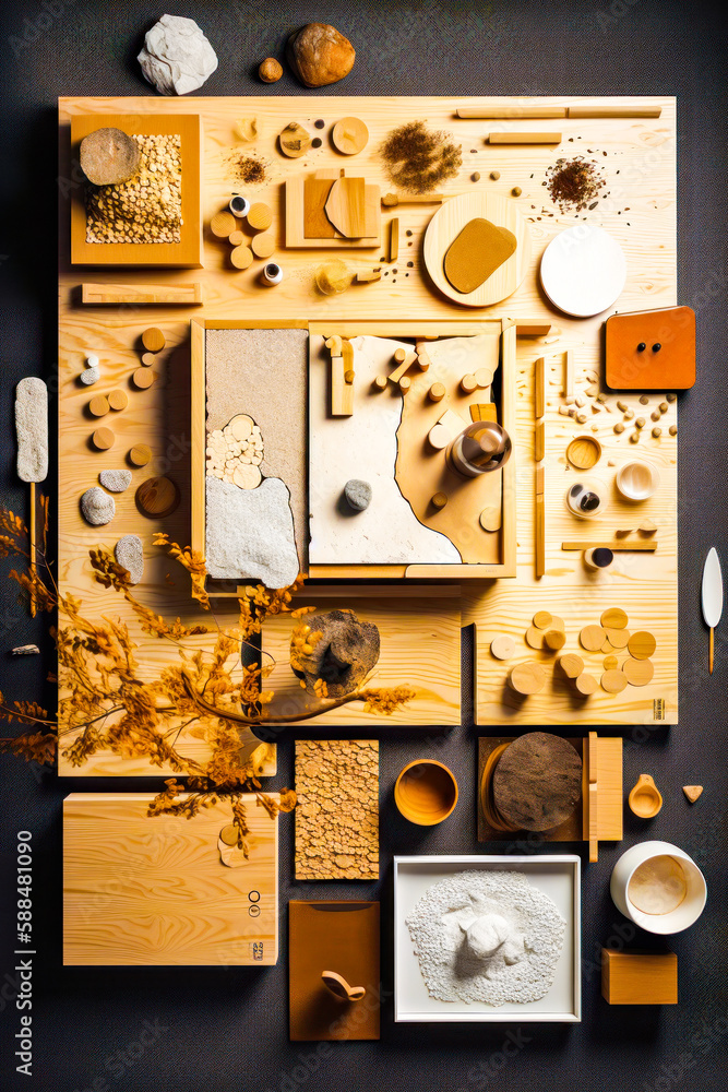 Aufkleber bunch of different types of wood are arranged on black surface with tree in the middle. generative a