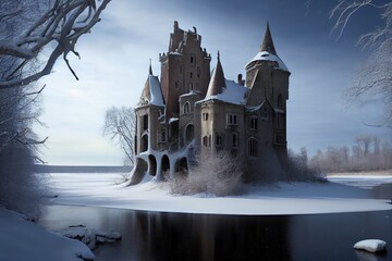 Fototapeta premium Abandoned Castle in Winter, Ancient Medieval Building, Fantasy Castle Ruins, Abstract Generative AI Illustration