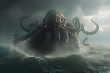 An illustration of 'The Call of Cthulhu'. The sea monster is destroying sailing ships. AI digital illustration - obrazy, fototapety, plakaty