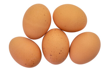 Top view of five brown speckled eggs isolated on a white background with clipping paths