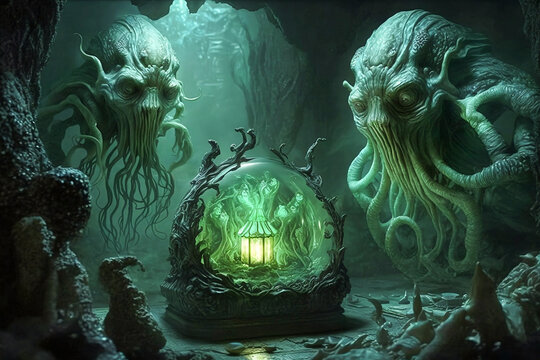 The Elder Things monsters from H. P. Lovecraft's "At the Mountains of Madness", Cthulhu Mythos. AI digital illustration