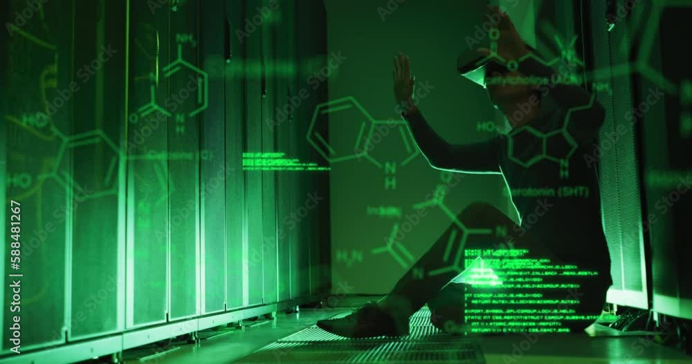 Poster animation of computer language, molecule structures, caucasian man using vr headset in server room