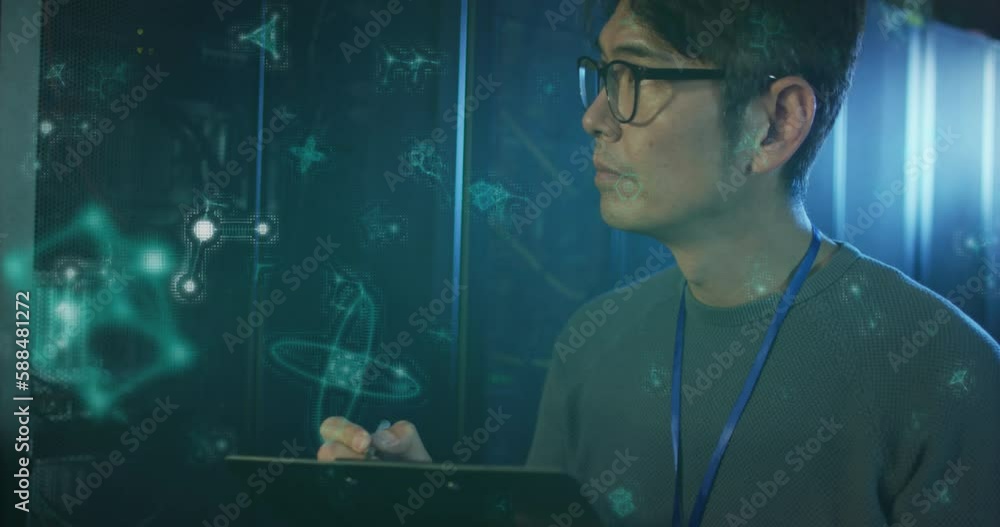 Poster animation of molecule structures, asian man checking data server using digital tablet in server room