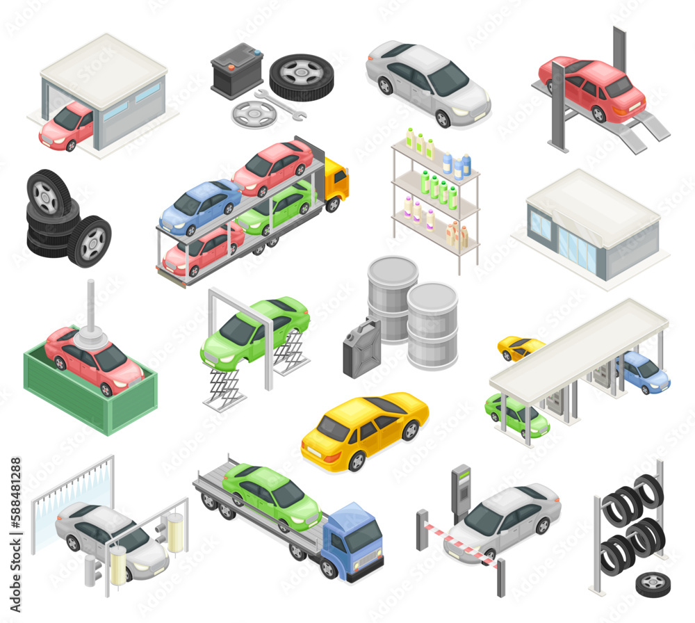 Poster car or motor vehicle service with operation and maintenance procedure isometric big vector set