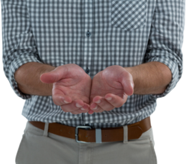Man with cupped hands against white background