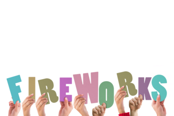 Colorful alphabet spelling fireworks held up by people