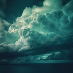 Heavy gloomy dull thunderclouds. Dark teal dramatic night sky. Storm. Toned cloudy sky background with space for design. Web banner. Wide. Panoramic. Website header. Moonlight. Generative AI