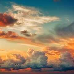 Blue sky with clouds at sunset. Panorama. Bright orange golden sunset. Colorful evening sky background. Wide banner. Copy space. Generative AI
