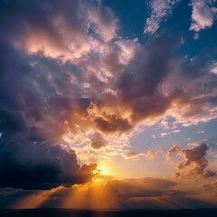 Fototapeta na wymiar Blue sky with clouds at sunset. Sun rays through the clouds. Beautiful golden sunset. Orange yellow blue purple background. Generative AI