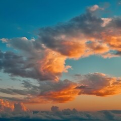 Fototapeta premium Blue sky with clouds at sunset. Panorama. Bright orange golden sunset. Colorful evening sky background. Wide banner. Copy space. Generative AI