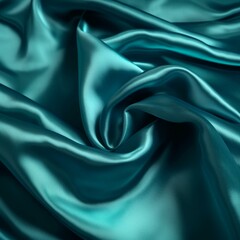 Fototapeta premium Blue green silk satin. Soft, wavy folds. Shiny fabric surface. Luxurious emerald green background with copy space for design. Web banner. Birthday, Christmas, Xmas, Valentine, holi Generative AI