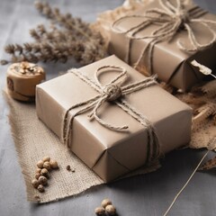 Eco gift zero waste, eco friendly hand made box packaging gift in kraft paper, holiday concept, gift wrapping, eco decor Generative AI