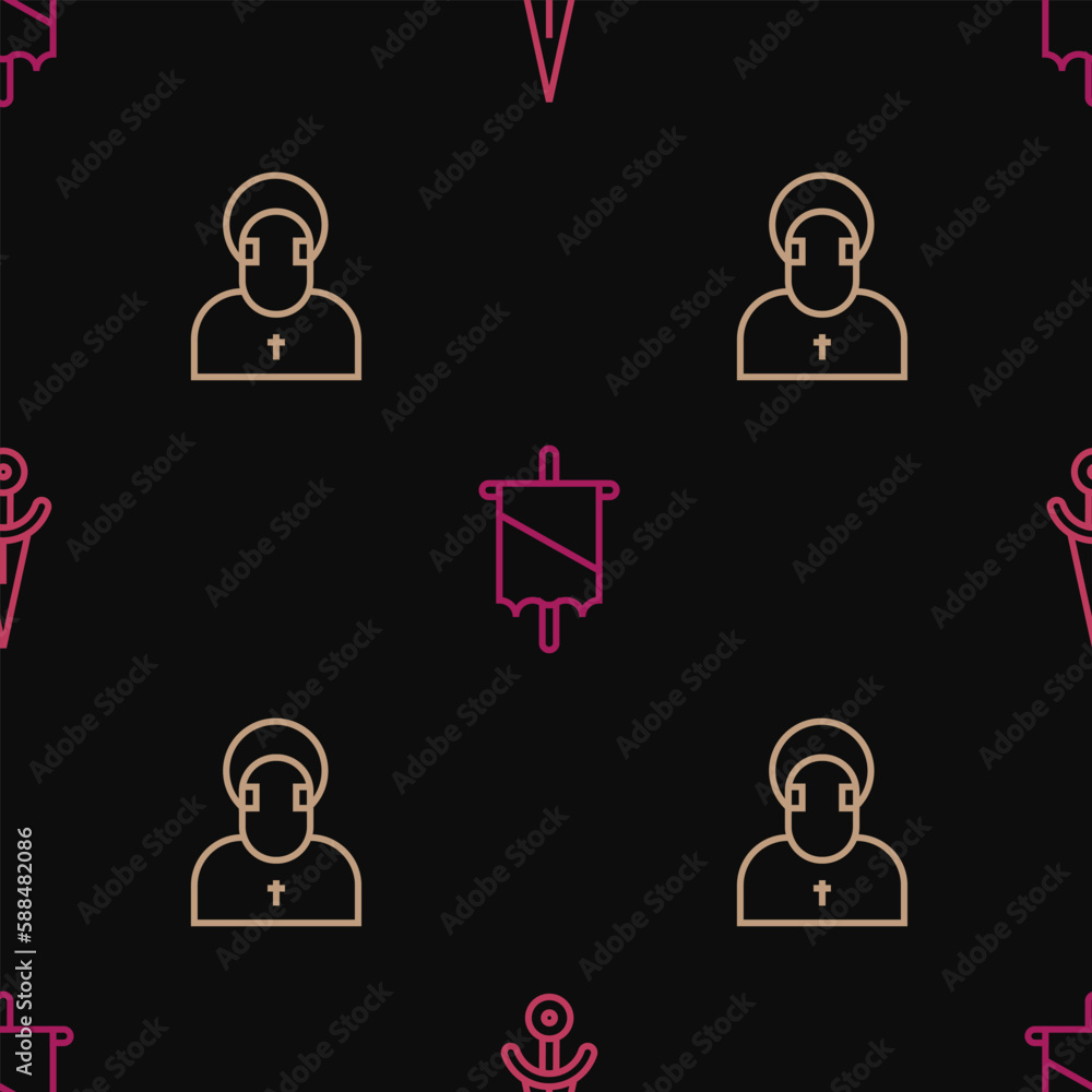 Poster set line dagger, monk and medieval flag on seamless pattern. vector