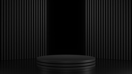 black cylinder podium on dark background with small and tall column, geometric, round realistic pedestal, cosmetic showcase, template, copy space, advertising, product display, 3D Rendering