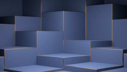 staircase of cube maze podiums on an isolated background, white blue  and gold geometric, realistic pedestal, cosmetic showcase, template, copy space, advertising, product display, 3D Rendering