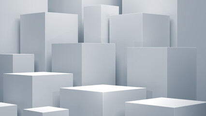white staircase of cube of podiums on an isolated background, white geometric, realistic pedestal, cosmetic showcase, template, copy space, advertising, product display, 3D Rendering