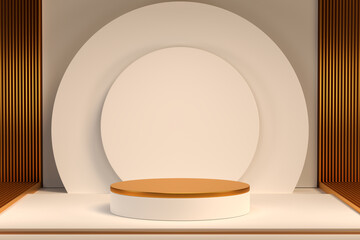 white cylinder podiums with light beam on luxury warm background, white geometric, round realistic pedestal, cosmetic showcase, template, copy space, advertising, product display, 3D Rendering