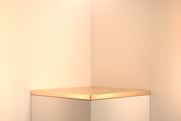 white cube podium with golden lid, light warm background, bright geometric, round realistic pedestal, cosmetic showcase, template, copy space, advertising, product display, 3D Rendering