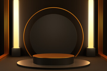 black and gold cylinder podiums with light beam on luxury warm background, geometric, round realistic pedestal, cosmetic showcase, template, copy space, advertising, product display, 3D Rendering