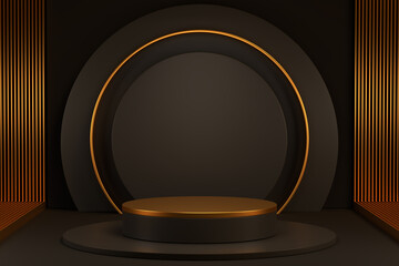 black cylinder podiums with golden line circle on dark background, geometric, round realistic pedestal, cosmetic showcase, template, copy space, advertising, product display, 3D Rendering