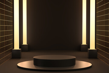 black cylinder podiums in a hall of light beam, dark background, geometric, round realistic pedestal, cosmetic showcase, template, copy space, advertising, product display, 3D Rendering