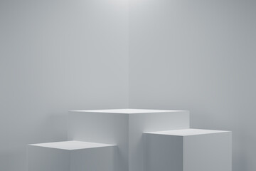 white cube podiums on background, geometric, box realistic pedestal, cosmetic showcase, template, copy space, advertising, product display, 3D Rendering