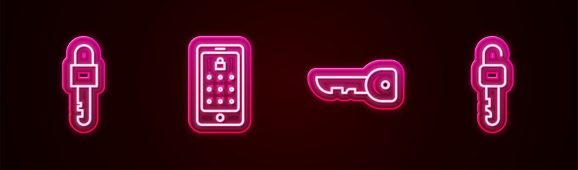 Set line Locked key, Mobile and graphic password, Key and Unlocked. Glowing neon icon. Vector
