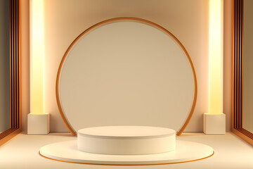 Fototapeta na wymiar white cylinder podiums with light beam on luxury warm background, white geometric, round realistic pedestal, cosmetic showcase, template, copy space, advertising, product display, 3D Rendering