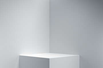 white cube podium , light background, geometric, round realistic pedestal, cosmetic showcase, template, copy space, advertising, product display, 3D Rendering