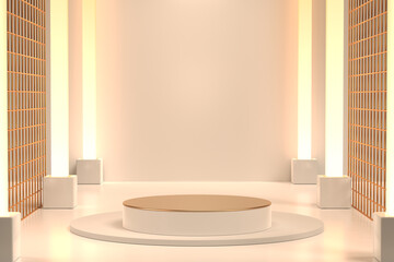 cylinder podium with lights on warm background, geometric, round realistic pedestal, cosmetic showcase, template, copy space, advertising, product display, 3D Rendering