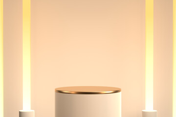 cylinder podium with golden lid on warm background, geometric, round realistic pedestal, cosmetic showcase, template, copy space, advertising, product display, 3D Rendering