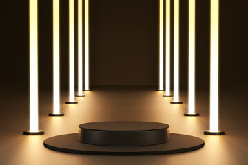 black cylinder podiums in a hall of light beam, dark background, geometric, round realistic pedestal, cosmetic showcase, template, copy space, advertising, product display, 3D Rendering