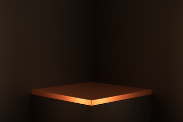 black cube podium with golden lid , dark background, dark geometric, round realistic pedestal, cosmetic showcase, template, copy space, advertising, product display, 3D Rendering