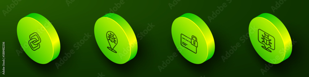 Poster set isometric line chain link, system bug, credit card with lock and icon. vector