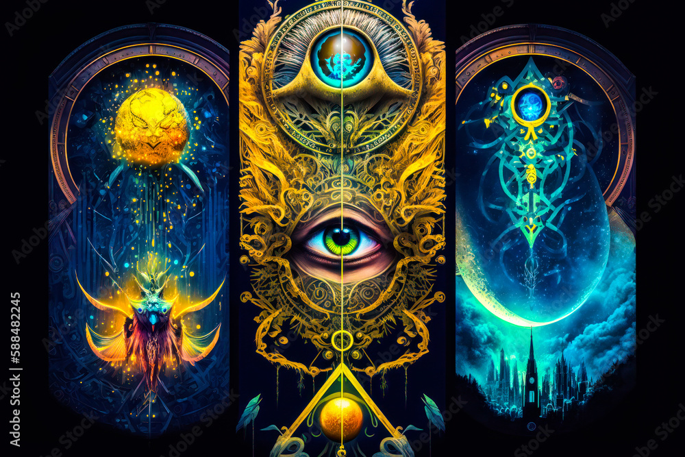 Poster series of four images with different images of different things in the background. generative ai.