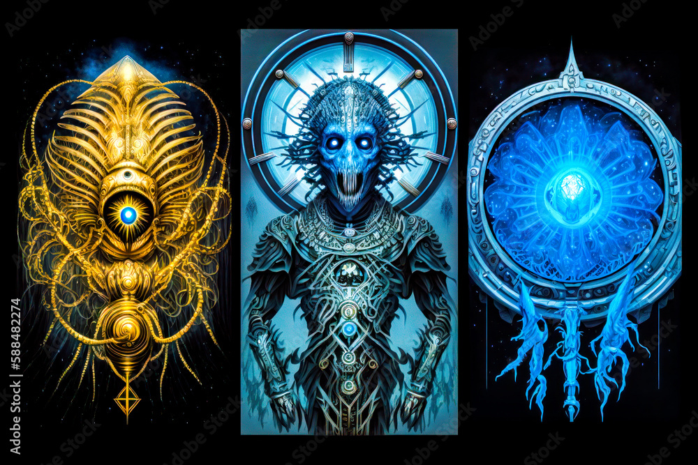 Poster series of three pictures with different types of artwork on the sides of them. generative ai.