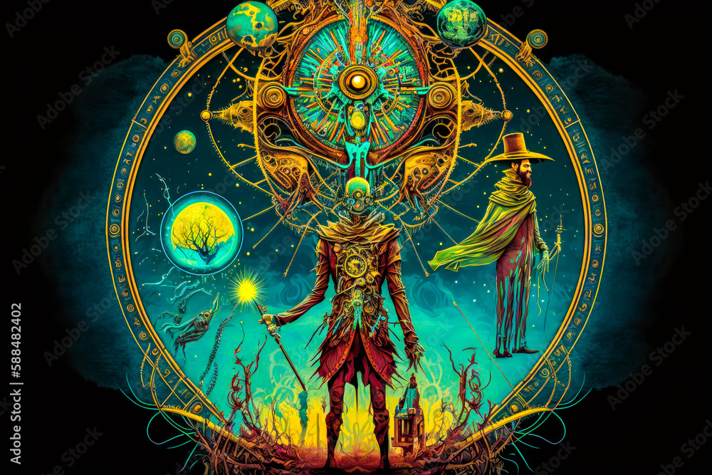 Poster painting of man standing in front of clock and other things. generative ai.