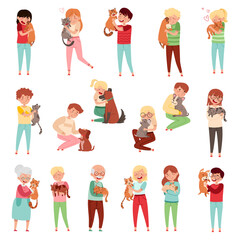 People Characters with Cat and Dog Companion Big Vector Illustration Set