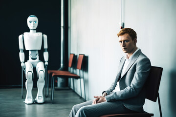 Man and AI robot both waiting for a job interview. Future concept. High quality generative ai