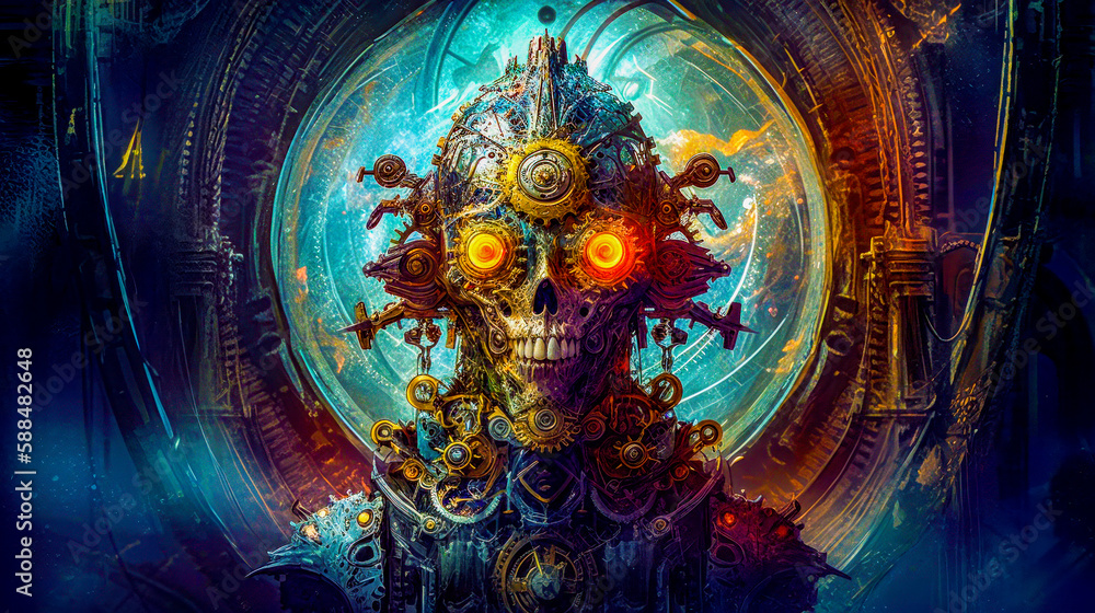 Poster digital artwork of skull with gears on its head and clock in the background. generative ai.