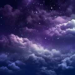 Obraz na płótnie Canvas Purple night sky with fluffy clouds and stars. Fantastic sky background for design. Generative AI