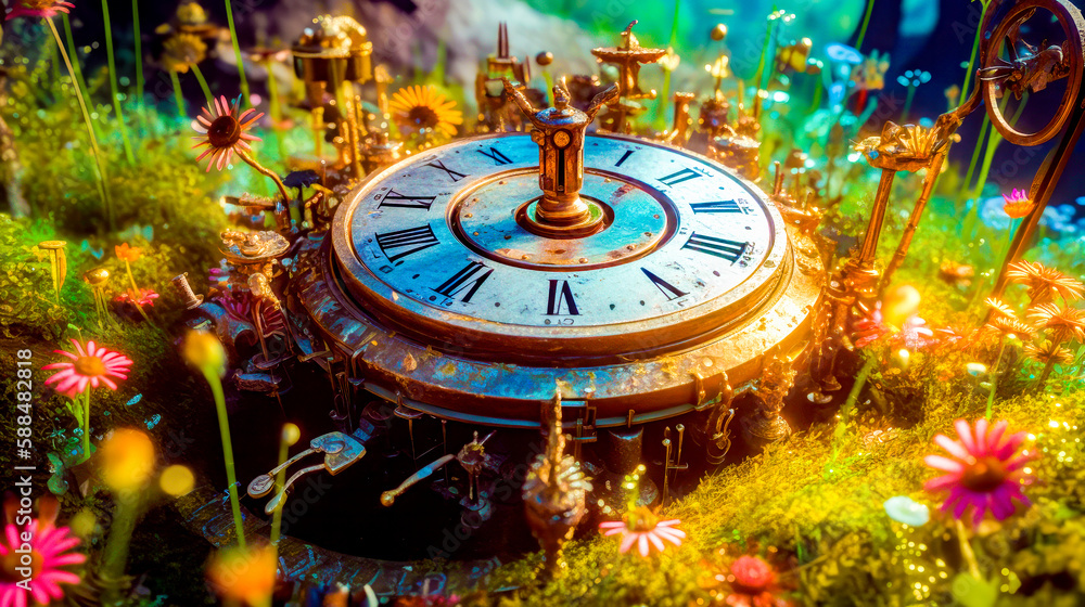 Poster close up of clock in field of grass with flowers in the background. generative ai.