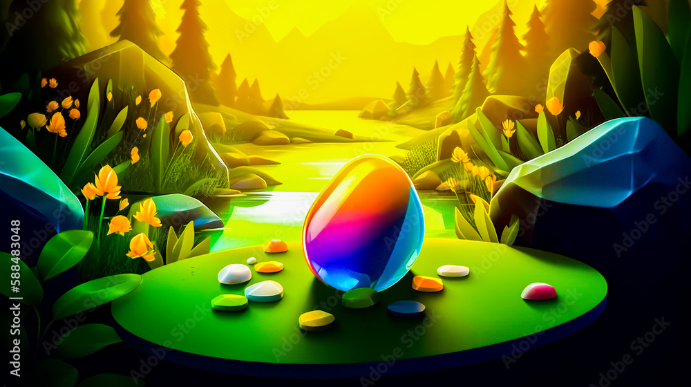Poster painting of colorful ball in the middle of field with trees. generative ai.