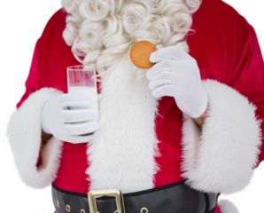Santa holding glass of milk and cookie